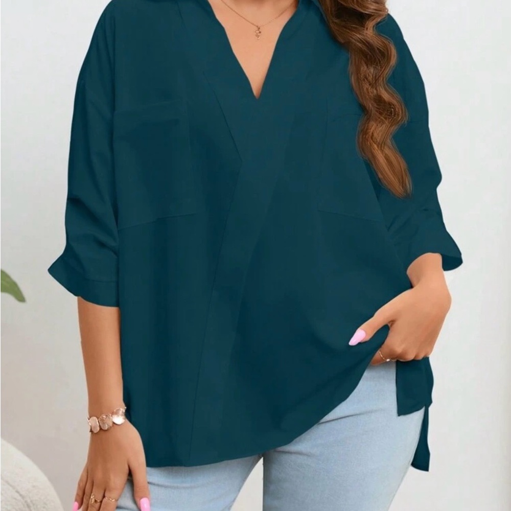 SHEIN Teal V-Neck Blouse